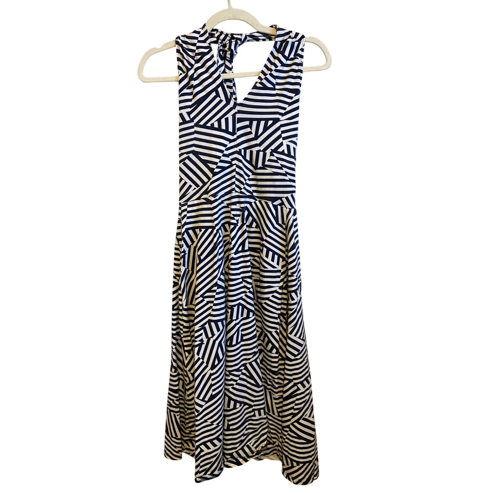 Pact Organic Cotton Halter Midi Dress Navy Blue White Geometric Stripe Cutout M